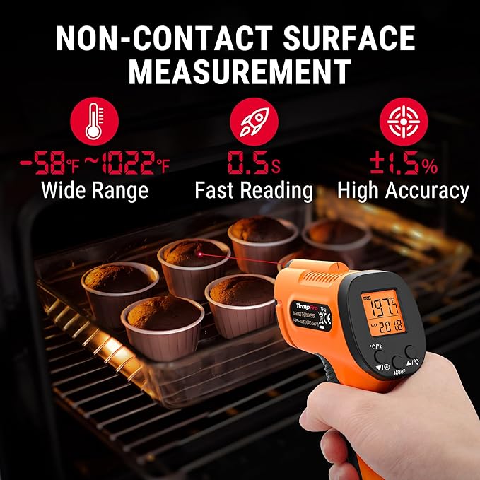 TempPro Temperature Gun, Infrared Thermometer Gun with Laser, Laser Thermometer Gun -58-1022 ℉, Meat Thermometer Digital with Super Long Probe, Food Thermometer for Cooking, Gift for Dad Him Husband