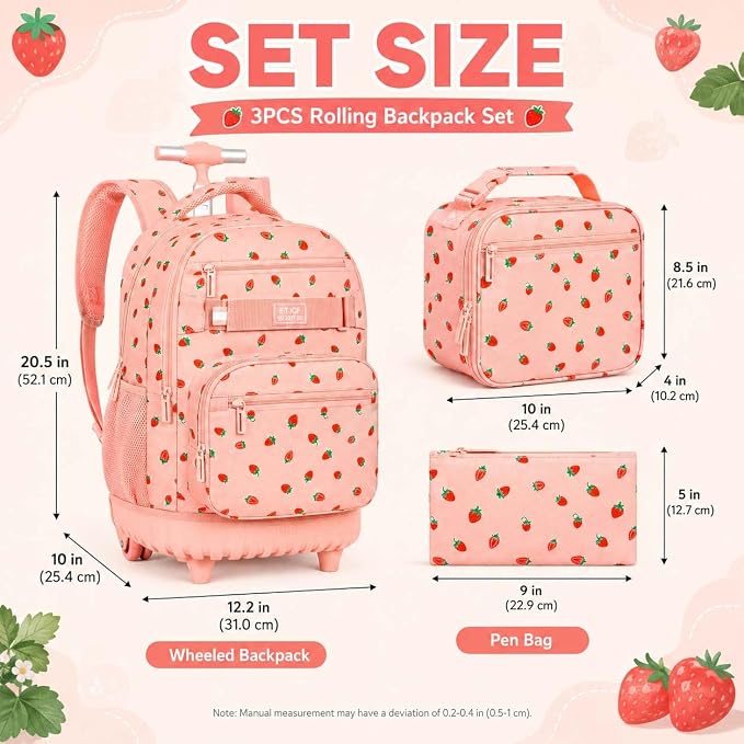 3Pcs Rolling Backpack for Girls Women, Travel Roller Backpacks with Wheels for Adults, Teens College Strawberry Wheeled Bookbag with Lunch Box (Pink)