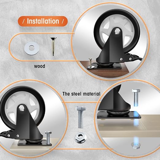 Casters, 5" Caster Wheels，Casters Set of 4 Heavy Duty - ASRINIEY Black Polyurethane Castors, Top Plate Swivel Wheels, 4-Pack Industrial Casters with Brake, Locking Casters for Furniture and Workbench