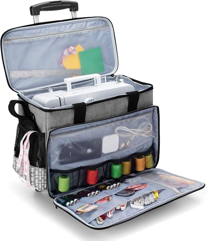 Yarwo Upgraded Rolling Sewing Machine Carrying Case, Detachable Trolley Tote Bag with Removable Bottom Board and Thickened Trailer Leg for Most Standard Sewing Machine and Accessories, Gray with Arrow