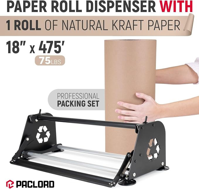 18" Paper Dispenser with Cutter + 75 lb Natural Brown Kraft Paper Roll | Heavy-Duty Steel Holder and 18" x 475 ft USA-Made Grocery Bag Grade Kraft Paper for Packaging, Void Fill, Shipping & Moving