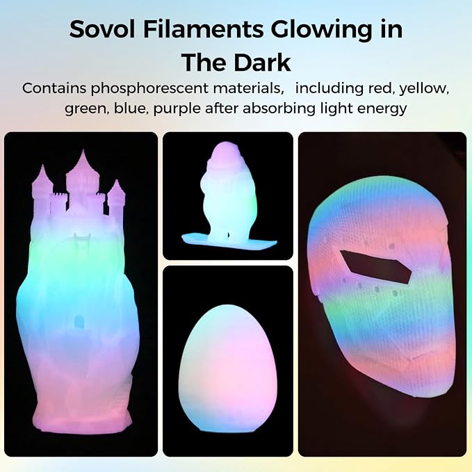 Sovol 3D Printer Glow in The Dark Filament Gradient Multicolor Fast Change PLA 1kg (2.2 lbs) Spool 3D Printing Materials, Dimensional Accuracy +/- 0.03 mm, 1.75 mm, Glow Multicolored