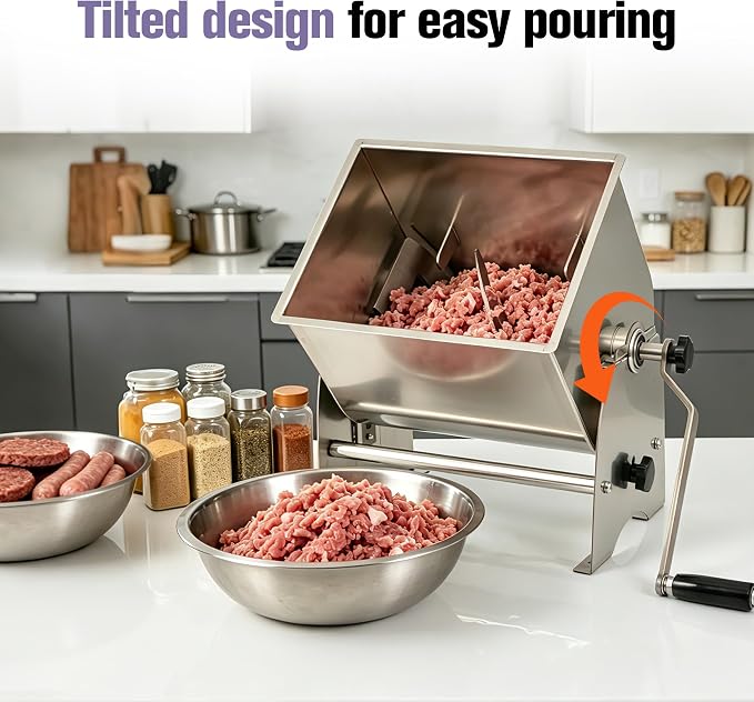 OKF Meat Mixer, 20lb Sausage Mixer, Stainless Steel Commercial Meat Mixer, Tilt Tank Manual Meat Mixer with Lid, Sausage Mixer Machine for Sausages, Burger Patties, Meatballs, Jerky &Homemade Pet Food