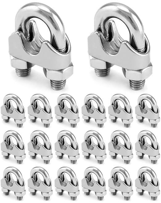 QWORK 1/2" Wire Rope Clamp Clip M12, 20 Pack Large U Bolt Saddle Guy Fastener, 304 Stainless Steel Fastener Cable Clamps, Connect 2 Layers of Wire to Form a Loop