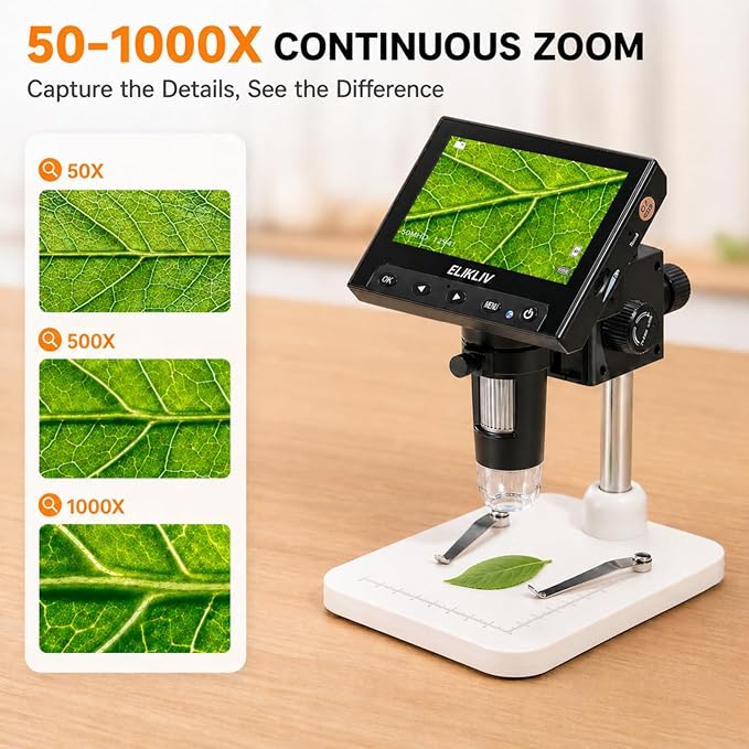 Elikliv Microscope, LCD Digital Coin Microscope 1000x, Coin Magnifier with 8 Adjustable LED Lights, PC View Compatible with Windows/MacBook, EDM4, 4.3-Inch