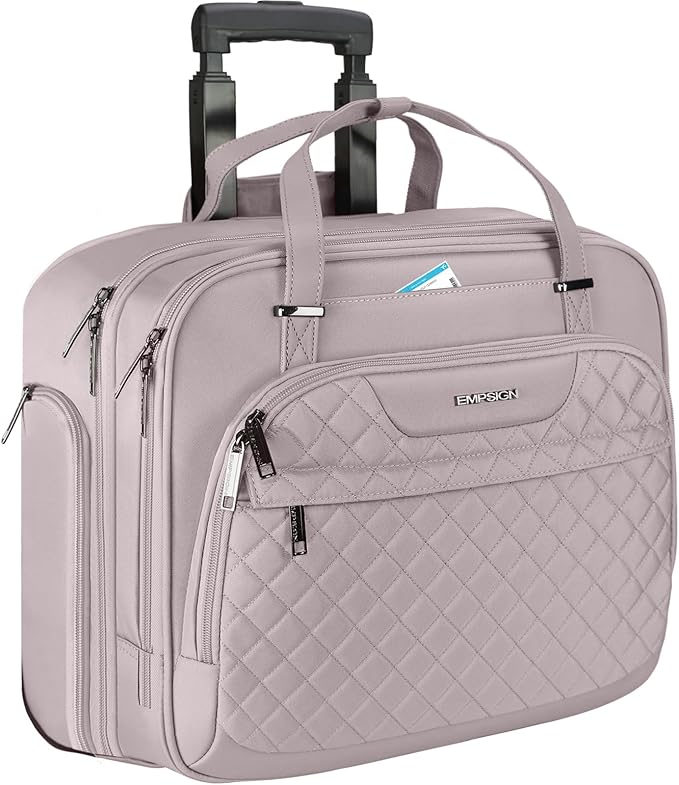 EMPSIGN Rolling Laptop Bag Women with Wheels, Briefcase for Women Fits Up to 15.6 Inch Laptop Briefcase on Wheels, Water-Repellent Overnight Rolling Computer Bag with RFID Pockets, Grey Pink