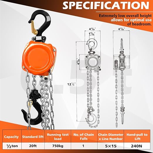 YATOINTO Chain Hoist 1/2 Ton (1100Lbs), Portable Mini Hand Chain Hoist Compact 20FT, Manual Chain Block Hoist 12.2" Headroom, Lightweight Industrial Steel for Garages Warehouse Automotive Machinery