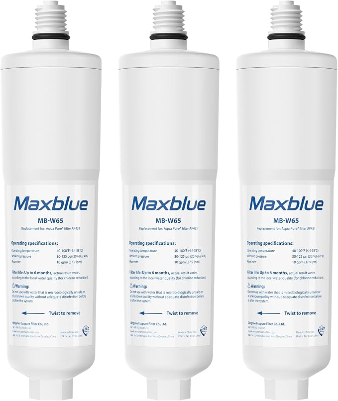 Maxblue Scale Inhibitor Water Filter Replacement for Aqua-Pure® System AP431, Aqua-Pure® AP430SS Whole House Scale Inhibition Inline Water System, Pack of 3