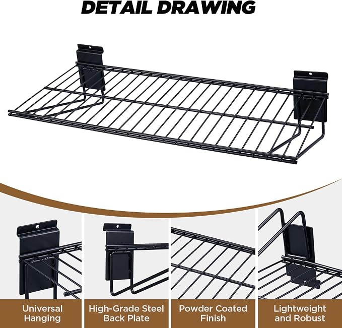 16 inch Width Slatwall Accessories, Heavy Duty Gargage Storage Slatwall Shelves, Slat Wall Wire Shelf 2 Pcs-Black