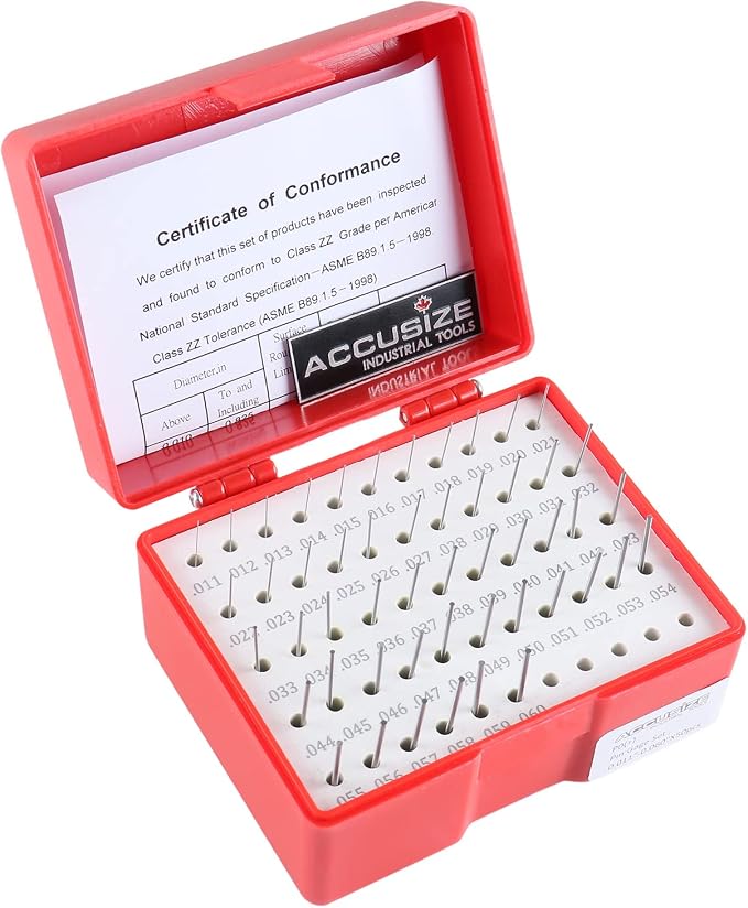 Accusize Industrial Tools 0.011''-0.060'', 50 Pc Steel Plug Pin Gage Set, Plus, Class Zz, P0(+) | 50 Pc, Class ZZ, Plus Tolerance, 2" OAL, Steel, Electro-Etched Sizes