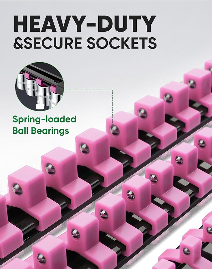 ALOANES 12PC Socket Organizer, Socket Rails Fit 1/2", 1/4" and 3/8" Drive | Heavy Duty ABS Socket Holders Hold up 172 Sockets for Mechanics Toolbox Drawer Bags(Pink)