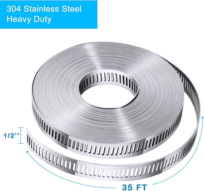 304 Stainless Steel Hose Clamp Assortment Kit DIY, Cut-To-Fit 35 FT Metal Strap+16 Stronger Fasteners, Large Adjustable Worm Gear Hose Clamps Screw Clamps Duct Pipe Metal Clamp Strapping