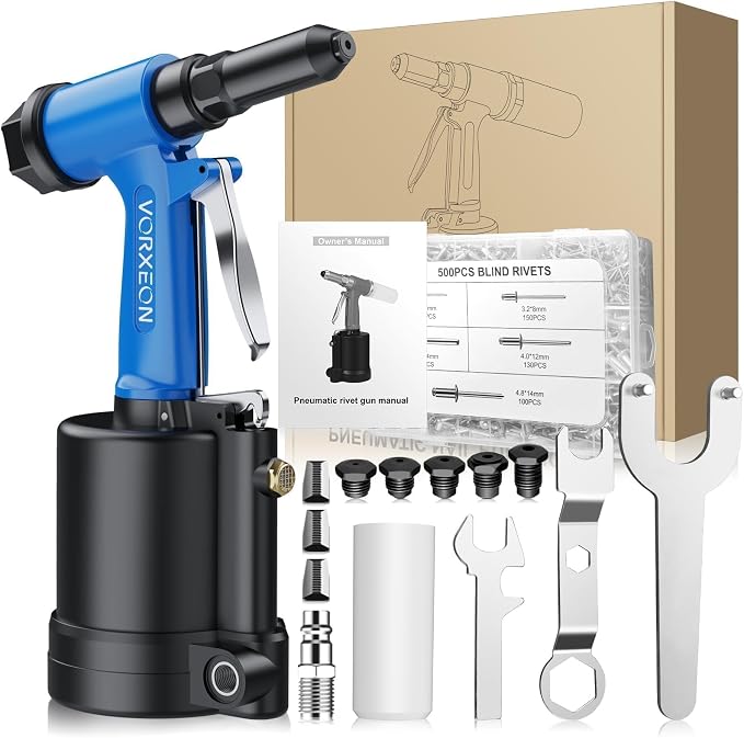 Air rivet gun 3/32" -1/4" with 500 Blind rivets aluminum Power pneumatic tool Air riveter Pulling pressure 3916 lbf for Metalworking Automotive