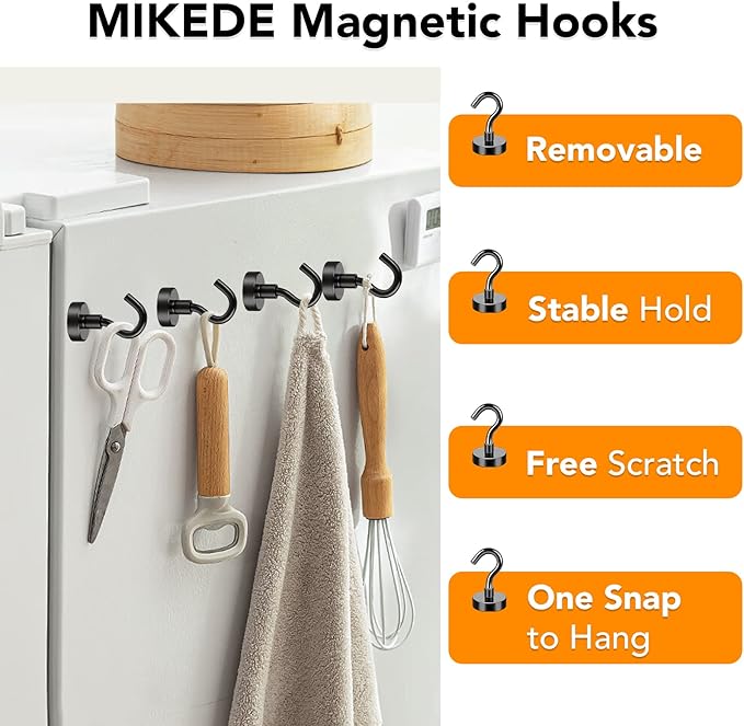 MIKEDE Magnetic Hooks 30Lbs+ Black Heavy Duty Earth Magnets with Hook | Strong Neodymium Magnetic Cruise Hooks for Hanging Curtain Refrigerator Grill and Kitchen Pack of 4