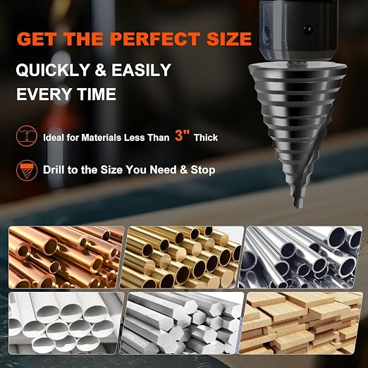 COMOWARE Step Drill Bit, 12 Sizes from 1/4" to 2-3/8", High Speed Steel Step Bit with 2 Spiral Flutes, 3-Flat Shank, Steps Bits for Metal, Aluminum/Wood/Plastic/Iron, Unibit for Electricians & DIY