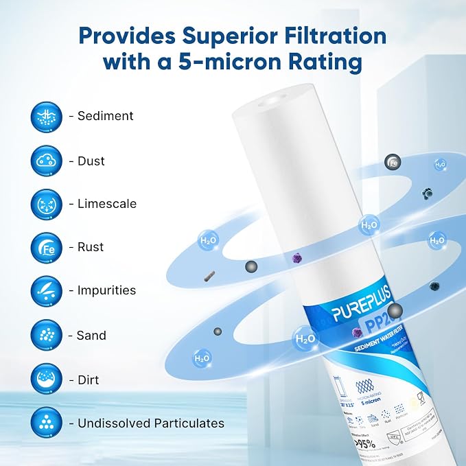 PUREPLUS 5 Micron 20" x 2.5" Whole House Sediment Home Water Filter, 20-inch Sediment Pre-Filtration, Replacement Cartridge Aqua Pure AP110-2C, Pentek P1-20/SP-P1-20/PX01-20, 6Pack