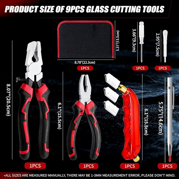 YOTINO Glass Cutting Tools, 9PCS Glass Cutter Glass Running Pliers Breaking Grozer Pliers,Tungsten Scribe Engraving Pen, Oil Feed Glass Cutters Tools Kit for Stained Glass, Tiles, Mosaic Cutting