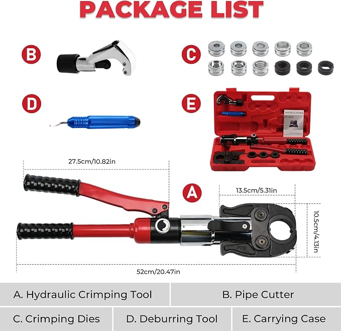 Pipe Press Tool,Hydraulic Crimping Tool with 1/2", 3/4", 1" Dies for Copper Pipe and F877 Stainless PEX Press Sleeves, 3/8",1/2",5/8",3/4",1" Dies for ASTM F1807 Pex Pipe Copper Ring
