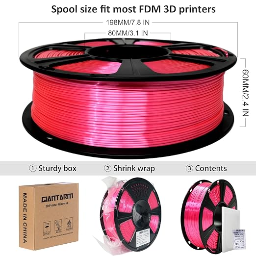 GIANTARM 3D Printer PLA Filament, Shiny Silk Rose Pink Magenta Toughness Enhanced Filament with 1.75mm Dimensional Accuracy +/-0.03mm, 1080 Feet per Roll, Vacuum Packaging, for Most 3D FDM Printer