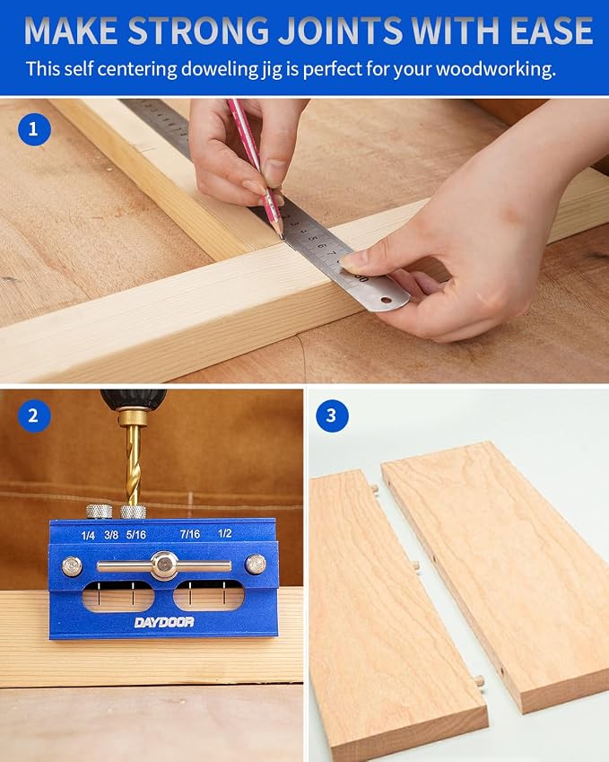 DAYDOOR 6.7" Self Centering Dowel Jig, Wide Capacity Doweling Jig & Drill Guide for Woodworking, Complete Kit with 6 Steel Bushings for Straight Holes(Blue)