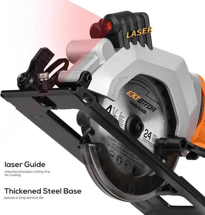 Cordless Circular Saw,2.0 Battery 3400RPM Laser Guide,45° Angle Adjustment | Extbtfor 4-1/2" Mini Circular Saw Maximum Cutting 1-11/16" at 90° and 1-1/8"at 45° for Wood, Soft Metal, Plastic