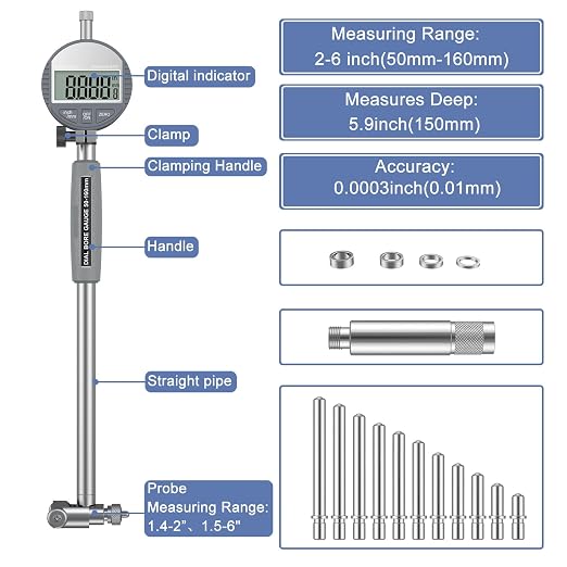 HDLNKAK Digital Dial Indicator Bore Gauges (2"-6"/0.0005"), Engine Cylinder Measurement with Carbide anvils, with LCD Digital Dial Indicator - Grey