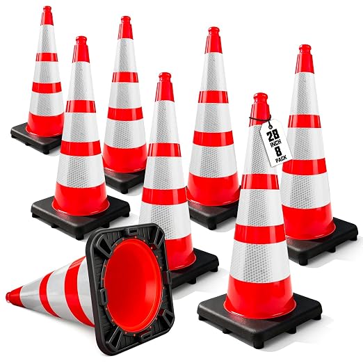 YATOINTO Traffic Cones 28 Inch with Weighted Base,Spring Back After Flattening,3 Reflective Collars,PVC Large Orange Construction Cones,Driving Training,Parking Lots,Highway,Roadwork,8 Pack
