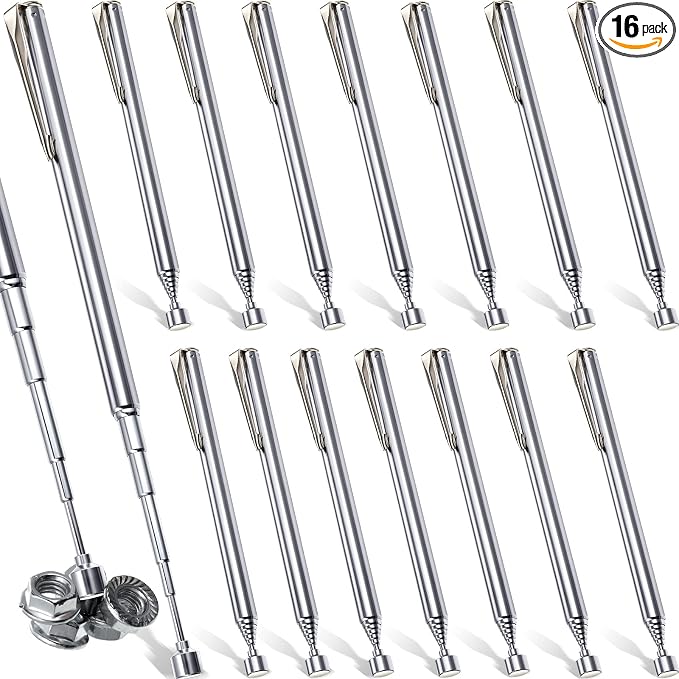 Patelai 16 Pieces Telescoping Magnetic Pick up Tool Grabbers Reacher Tools with Pocket Clip 25 Inch Telescopic Retrieving Magnet Gift for Man, Father, Mechanic, Handyman, Husband (Silver)