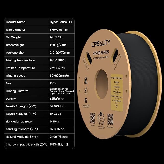 Creality Hyper 3D Printer PLA Black Filament High Speed Printing 1.75mm 2.2lbs Spool ±0.03mm Dimensional Accuracy Flow Durable Resistant Smooth for Ender 3 v3 Plus KE K1 Max K1C 3D Printers