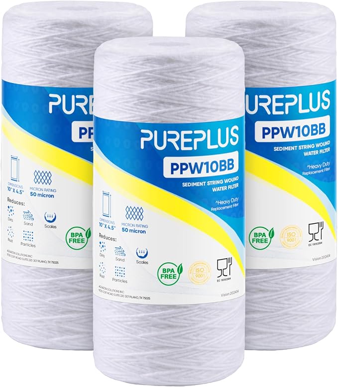 PUREPLUS 50 Micron 10 x 4.5 Whole House String Wound Sediment Filter for Well Water, Replacement Cartridge for 84637, WPX5BB97P, PC10, CW5-BBS, 355215-45, 3Pack