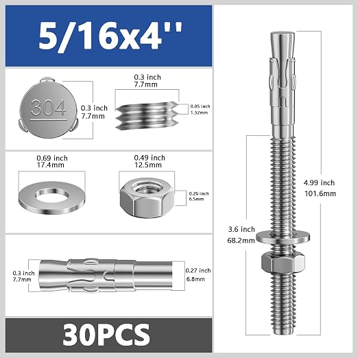 Wensilon 30Pcs 5/16x4 Inch Standard Fasteners for Heavy-Duty 304 Stainless Steel Wedge Anchors for Cement and Concrete