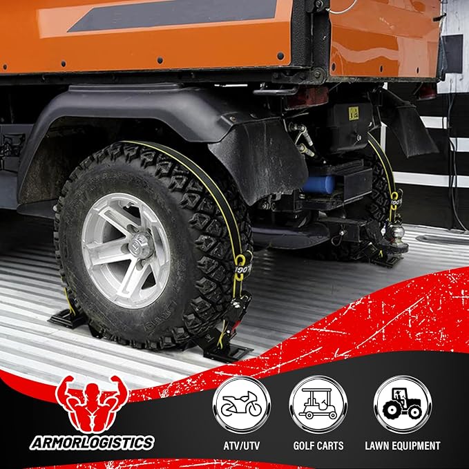 4Pack UTV Wheel Chock Tie-Down Kit, 2 in x 8 ft Heavy Duty Trailer Tire Straps, 4400lb Max Break Strength E Track System for ATV, UTV, SXS, Mower and More (Black)