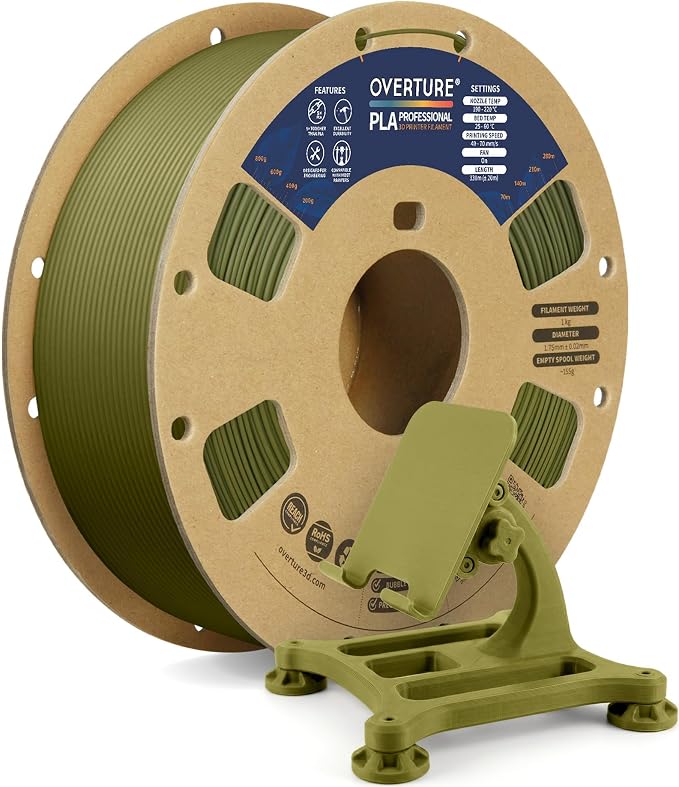 OVERTURE PLA Plus (PLA+) Filament 1.75mm, Stronger & More Durable, Professional Toughness 3D Printer Filament 1kg (2.2lbs), High Precision +/- 0.02mm, Tangle-Free (Army Green)