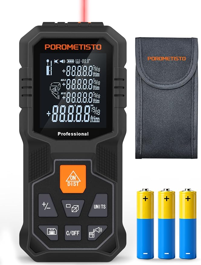 Laser Distance Meter POROMETISTO 164ft/50m, Digital Angle Finder, 12 Modes for Angle Area Volume Pythagorean Distance, ±2mm High Accuracy, Tripod Interface Design Handheld Digital Rangefinder