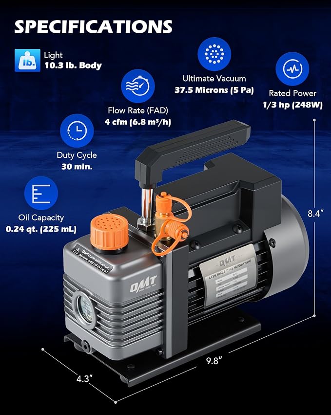 Orion Motor Tech AC Vacuum Pump and Gauge Set, 1/3 hp 4 cfm Vacuum Pump Manifold Gauge Kit with Leak Detector 3 Hoses & Accessories for R134a R12 R22 R502, A/C Vacuum Pump Kit for Auto HVAC Systems
