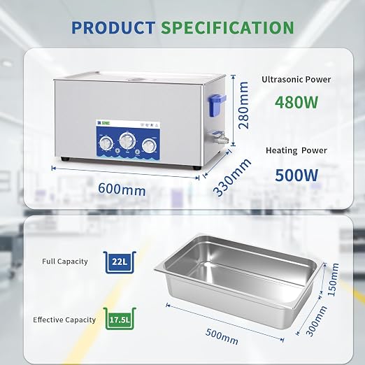 DK SONIC Industrial Ultrasonic Cleaner 22L 480W,Ultrasonic Carburetors Cleaner with Power Adjustable Function, Timer and Heater for Parts,Circuit Board,Chains Cleaning(Include Basket)