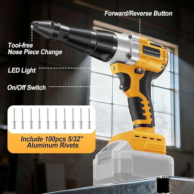 Cordless Rivet Gun Compatible with Dewalt 20V Max Battery with 100pcs Rivets (Battery Not Included), Brushless Electric Pop Rivet Gun Tool with 3 Size (1/8", 5/32", 3/16") Rivets Head