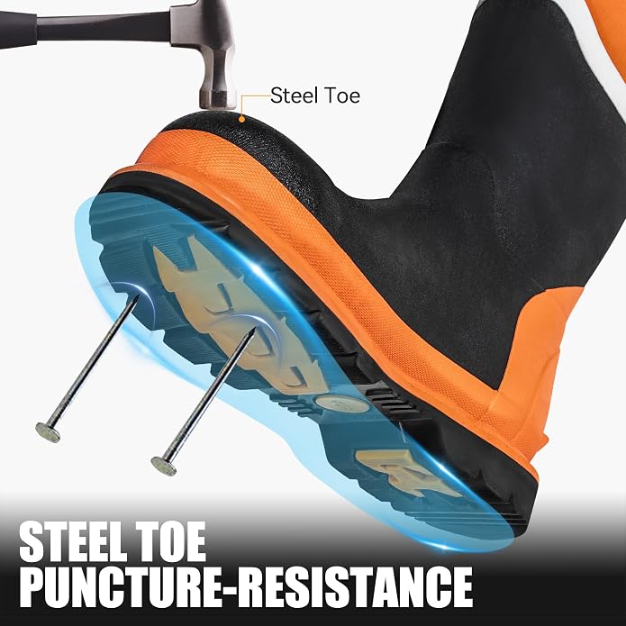 Steel Toe Rubber Boots for Men, Safety Reflective Strips, Punctrue-Proof with Steel Shank, Waterproof, Insulated 6mm Neoprene Work Boots for Farming, Manufacturing, Construction (Black/Orange, Size 6-14)