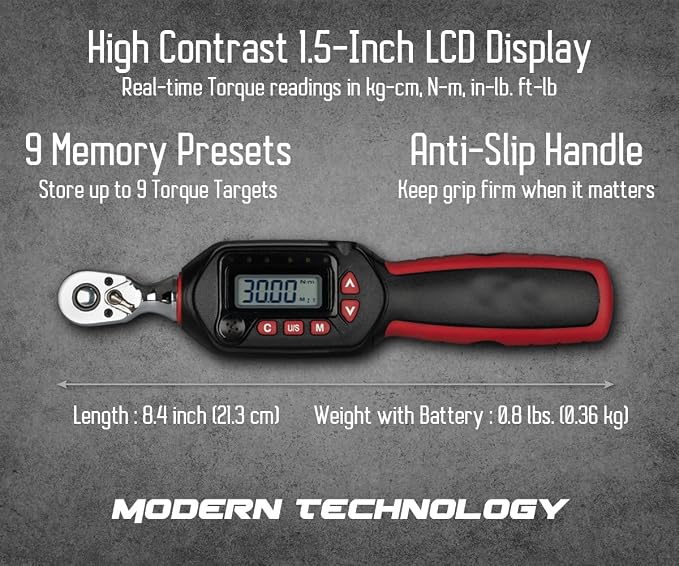 Tapha Tools 3/8 inch Digital Torque Wrench 1.11-22.12 ft-lbs (1.5-30 N-m) Torque Range, Accurate to ±2% Dual Direction, LED and Buzzer Notification, Preset Memory, ISO 6789, Calibrated (WP3N-T030BN)
