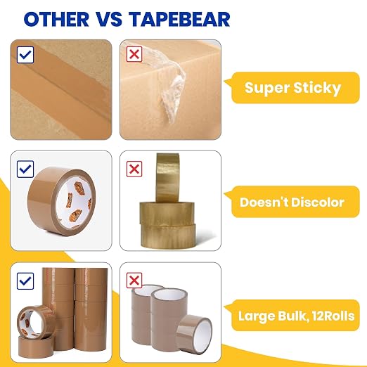 TAPEBEAR Brown Packing Tape 12Rolls, Heavy Duty Packaging Tape Refills 1.88 Inch x 55 Yard Moving Tape for Boxes, Secure Sticky Seal Brown Tape for Shipping, Mailing & Storage, Total 660Yards
