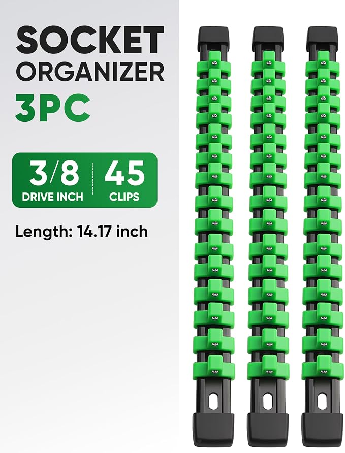 ALOANES 3PC ABS Socket Organizer, Socket Rails Fit 3/8 inch Drive | Portable Heavy Duty Socket Holders Hold up 45 Sockets for Mechanics Toolbox Drawer Bags(Green)