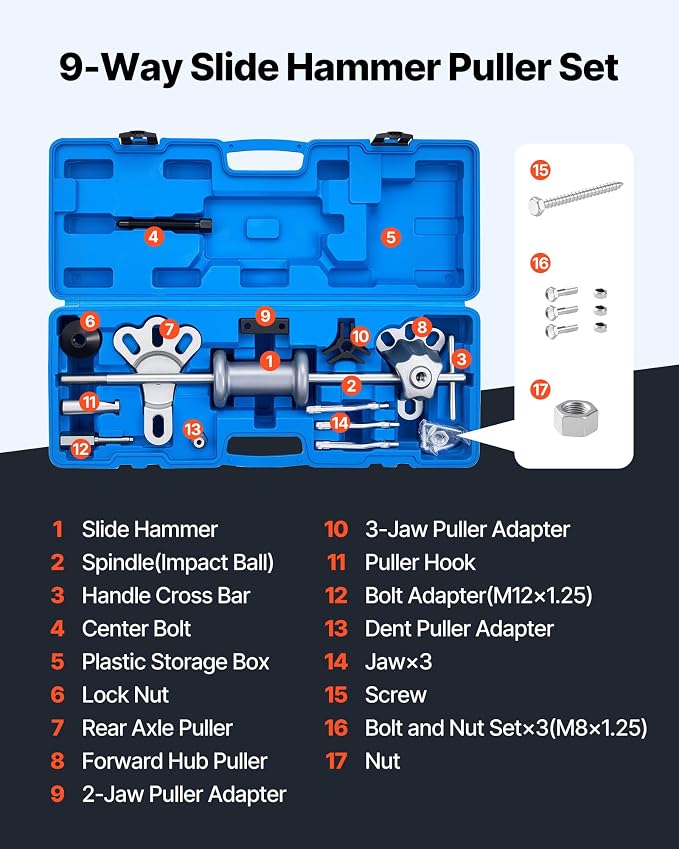 VEVOR 9-Way Slide Hammer Puller Set, 15PCS Front Wheel Hub Bearing Remover & Rear Wheel Axle Hub Dent Shaft Puller Tool Kit, Axle Bearing Puller Tool Kit and Slide Hammer Remover Set with Carry Box