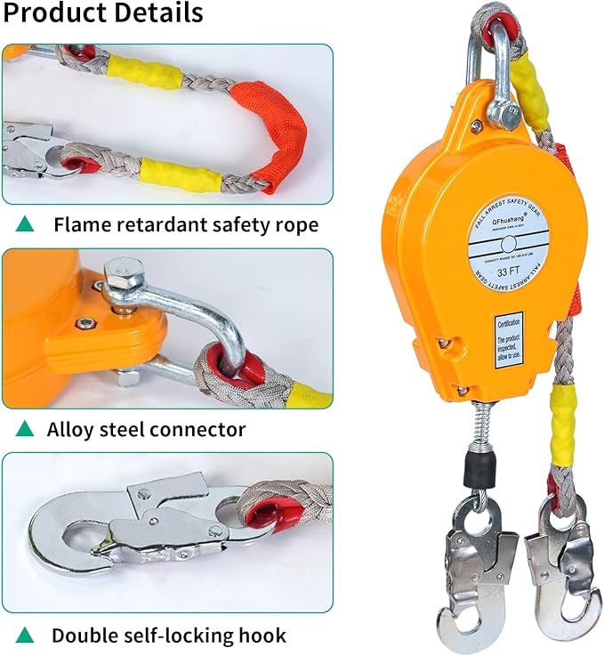 33FT Self Retracting Lifeline, Adjustable Retractable Lifeline Fall Protection Rope, Heavy Duty Retractable Lanyard, Roofing Lifelines, Industrial Fall Arrest Retractor