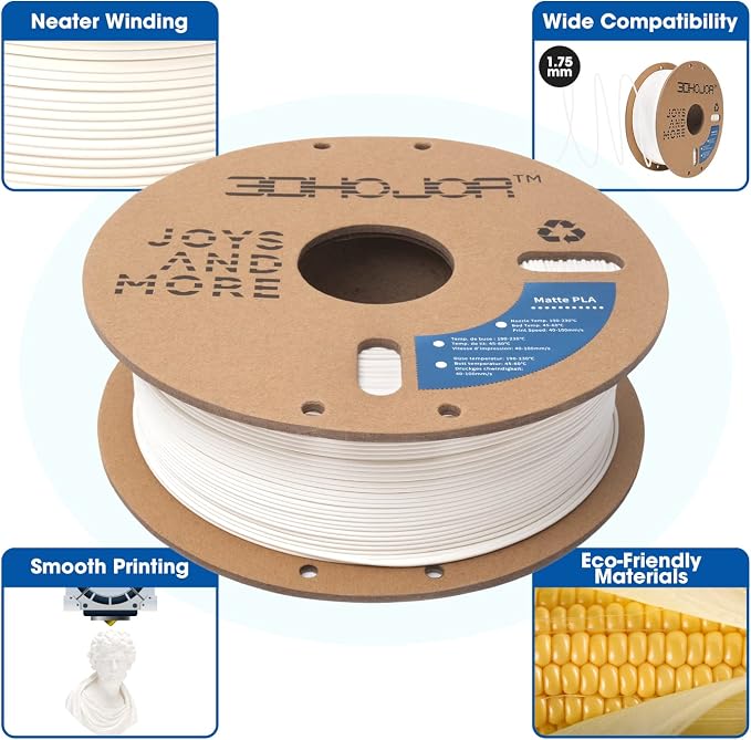 3DHoJor Matte PLA Filament 1.75mm, Upgrade 1kg Cardboard Spool PLA Filament 1.75 - PLA 3D Printing Filament, Print with Most 3D Printers Using 3D Filament(Matte White)