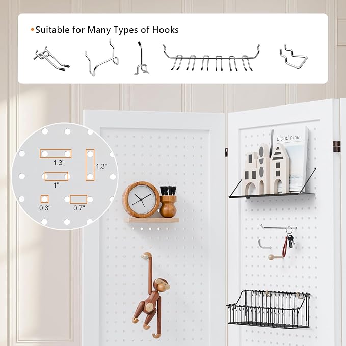 VINGLI Freestanding Pegboard with Support Feet, 5 FT Wood Room Divider Display Board Organizer, Folding Privacy Screen Partition Space Separator for Craft Shows Events Retail (White, 6 Panel)