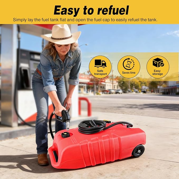 GOOACC 14 Gallon Fuel Caddy, Portable Fuel Transfer Tank with 12V DC Electric Pump, Heavy-Duty Empty Gasoline/Diesel Storage Container with Wheels and 10FT Hose for Motorcycles Boats Lawn Mowers, Red