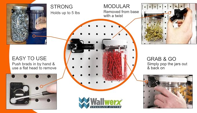 Pegboard Jars with Lids, 12-Pack of Large 16oz Clear Plastic Containers, Secure Easy Mounting | Peg Board Storage and Organization Kit for Home, Office, Pantry, Garage, Arts & Crafts