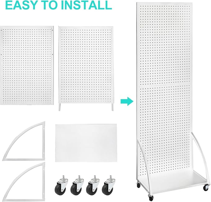NectaCol 2'x 6' Metal Pegboard Display Stand with a Plate, Peg Board Panels, Standing Pegboard Display, Craft Fair Display Rack, Art Display Stand, Extra 10 pieces Hooks - White