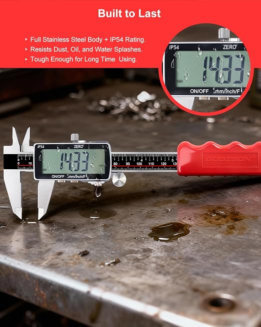 GODESON Digital Caliper, 6 Inch Rechargeable & Power Indicator Caliper Measuring Tool - 0.01mm Accuracy, Large LCD Vernier Calipers - IP54 & Full Stainless Steel, MM/Inch/F for Wood Working, DIY，3D