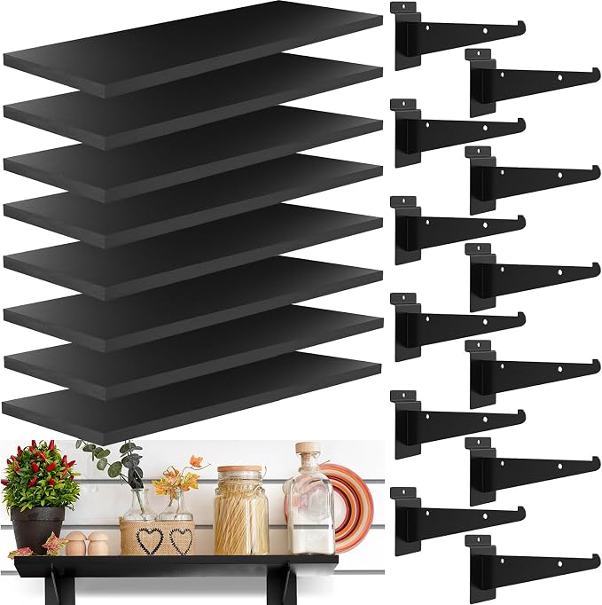 8 Pack Wooden Slatwall Shelf, 15.7 x 5.9 Inch Slatwall Shelves with Metal Brackets Heavy Duty Slat Wall Organizer Slatwall Shelving Accessories for Garage, Home (8, 15.7"D x 5.9"W x 0.6"H)